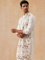 Silk Blend Kurta with Multicolor Embroidery ( KO 5283 White ) [FF] [A-11]