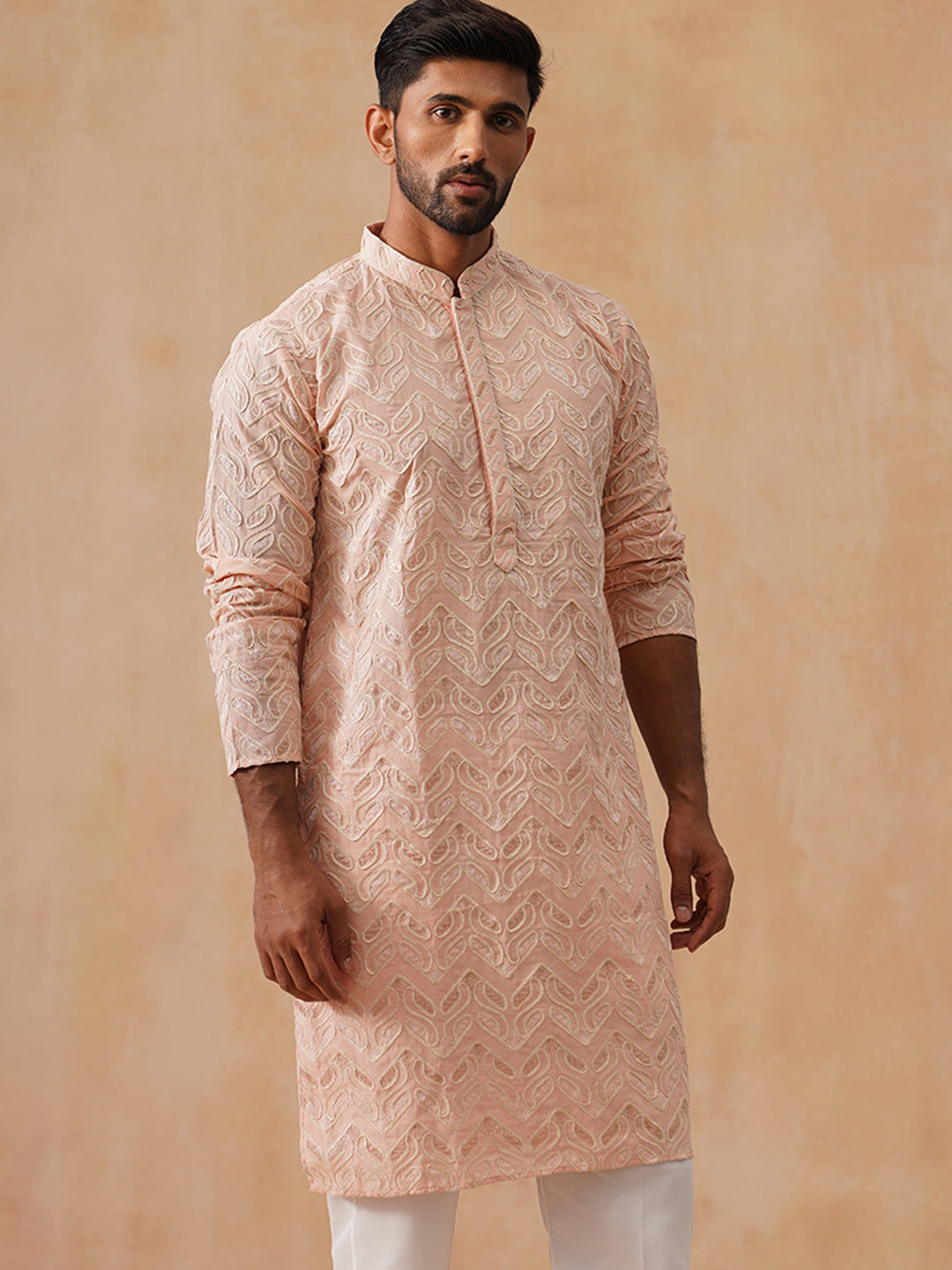 DesiQlo Men Floral Kurta Only - Orange - KO_5292Peach_S