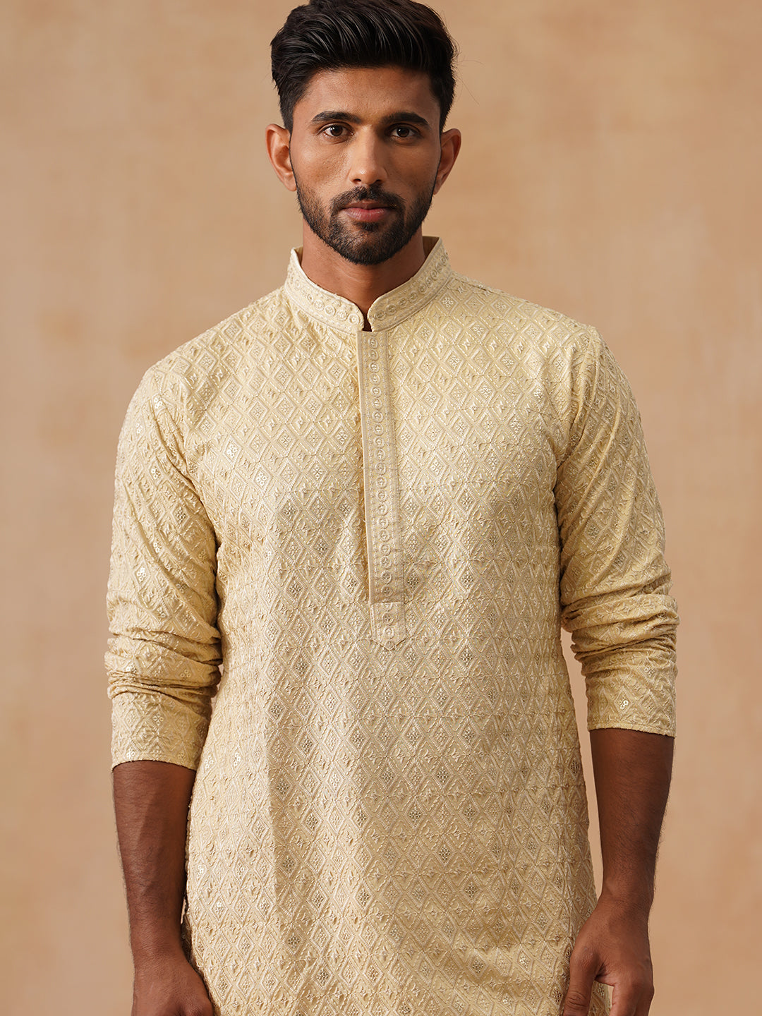 DesiQlo Men Geometric Kurta Only - Beige - KO_5293Beige_S