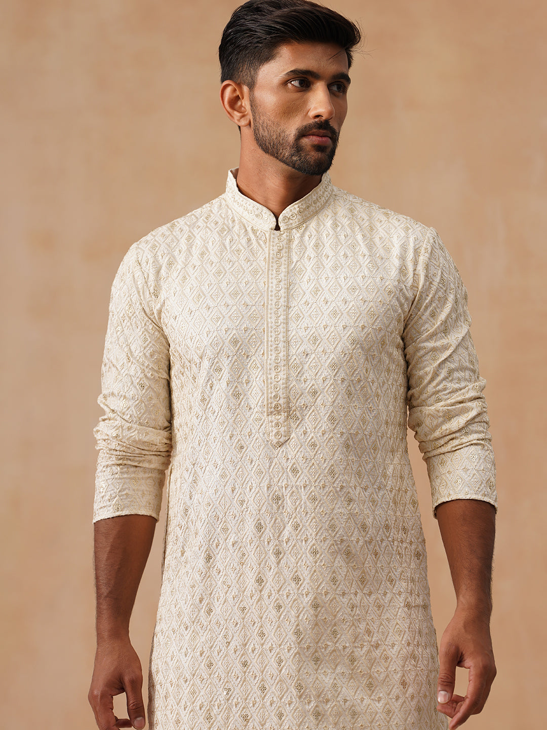 DesiQlo Men Geometric Kurta Only - Beige - KO_5293Cream_S