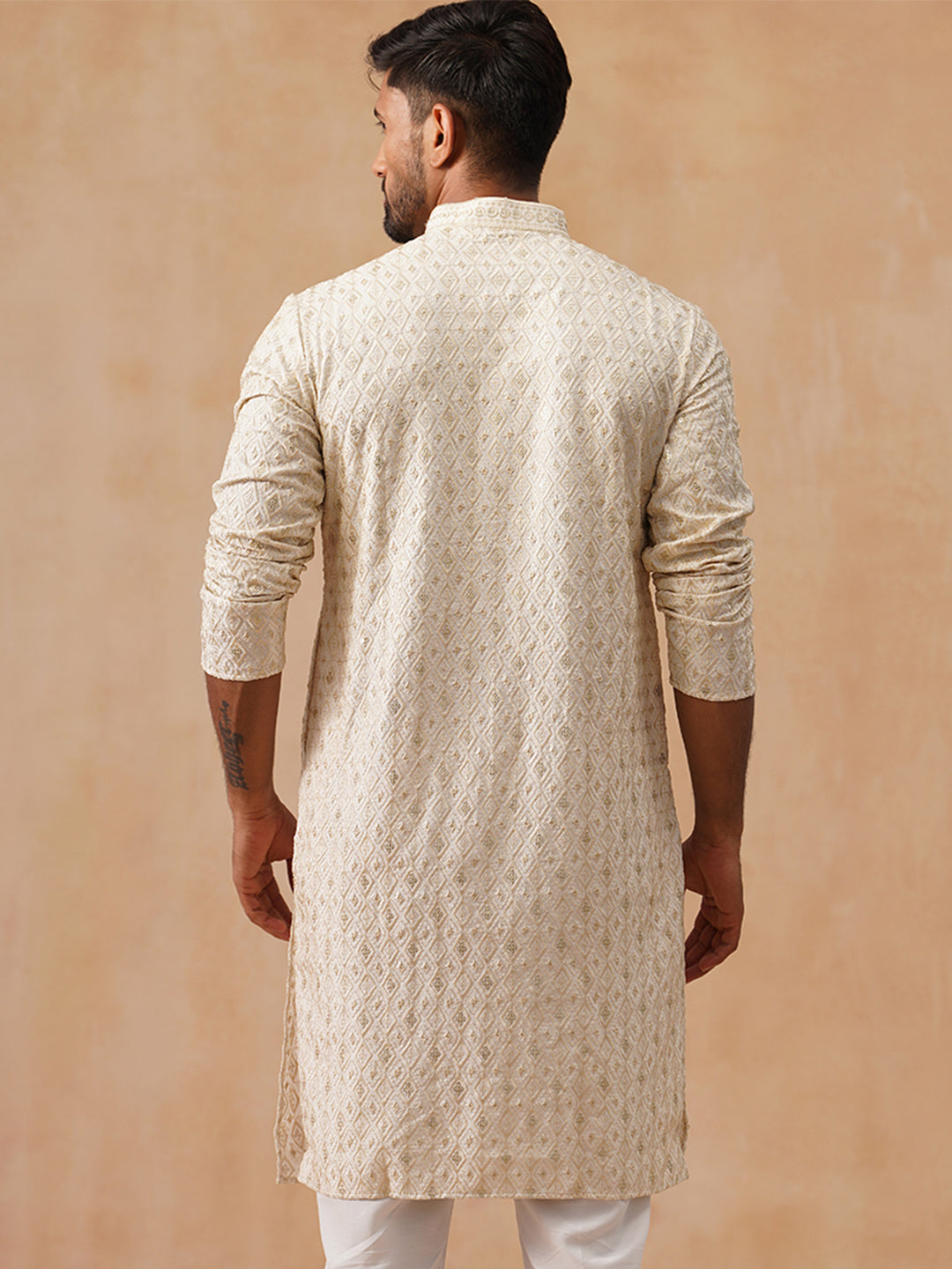 DesiQlo Men Geometric Kurta Only - Beige - KO_5293Cream_S