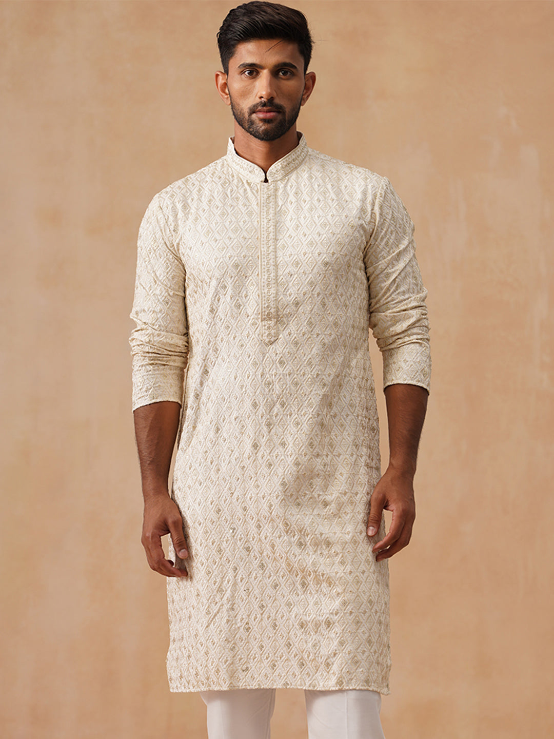 DesiQlo Men Geometric Kurta Only - Beige - KO_5293Cream_S