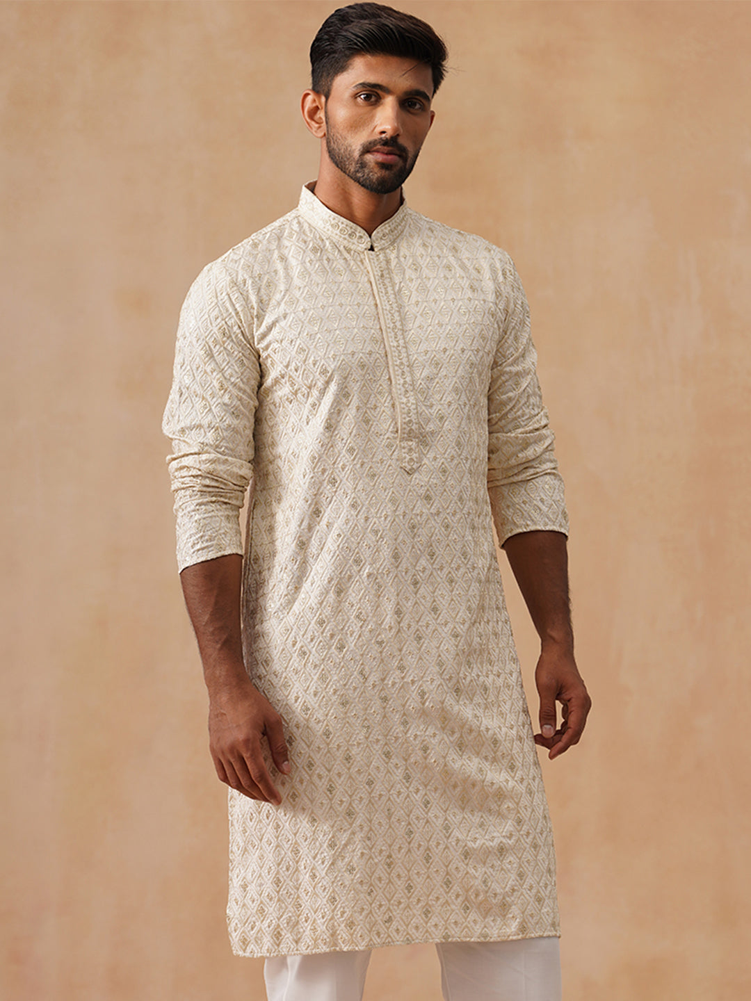 DesiQlo Men Geometric Kurta Only - Beige - KO_5293Cream_S