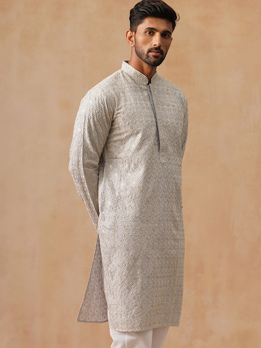 DesiQlo Men Geometric Kurta Only - Grey - KO_5293Grey_S