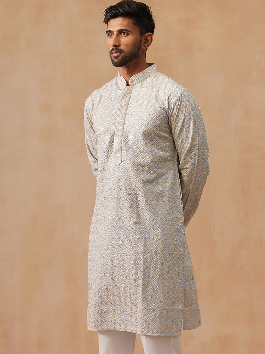 DesiQlo Men Geometric Kurta Only - Grey - KO_5293Grey_S