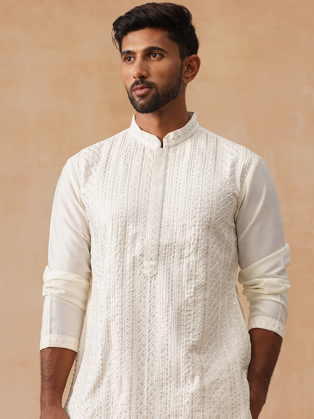 Embroidered Silk Blend Kurtas ( KO 5294 White ) [FF] [Q-5]