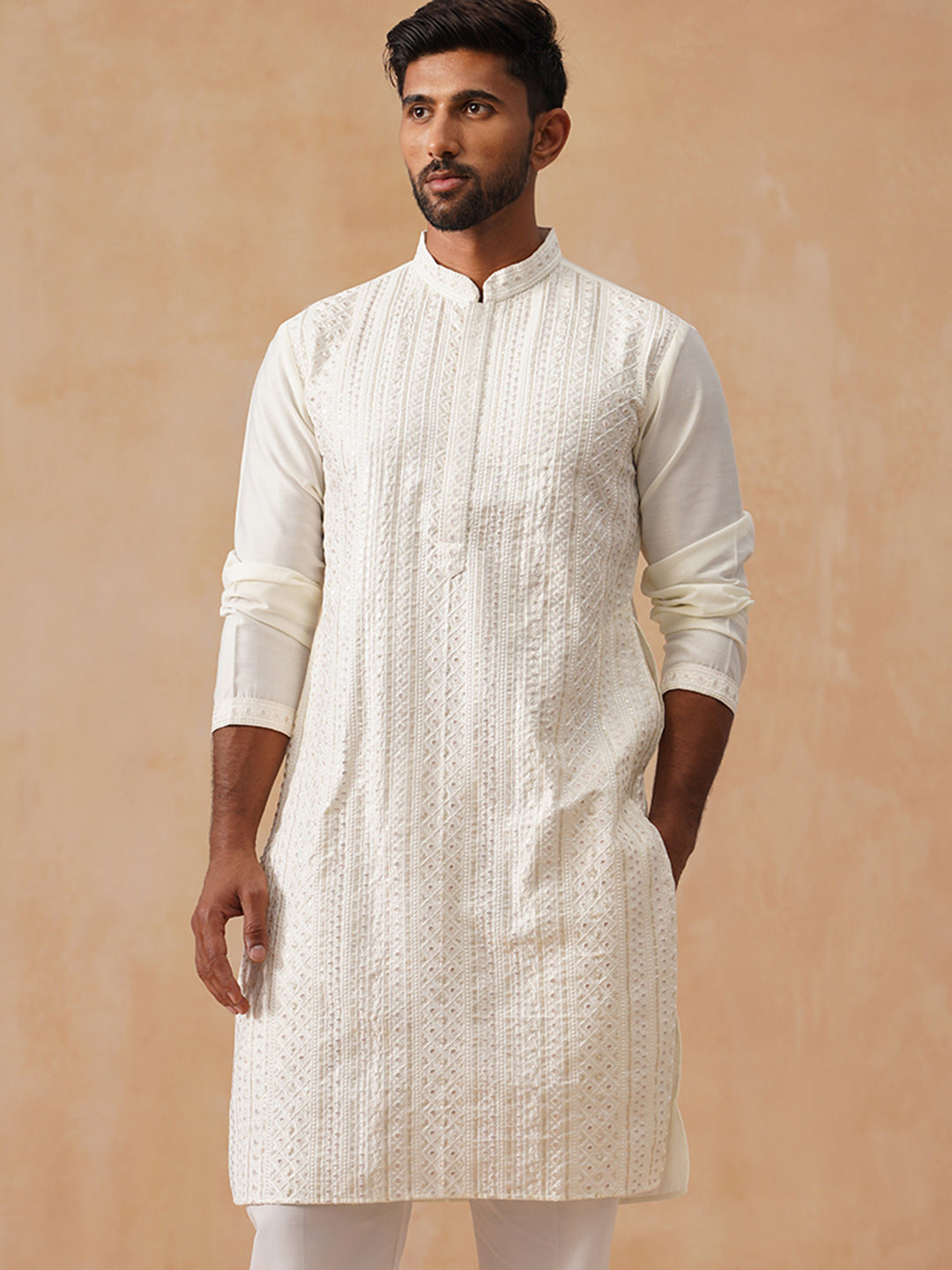 DesiQlo Men Geometric Kurta Only - White - KO_5294White_S