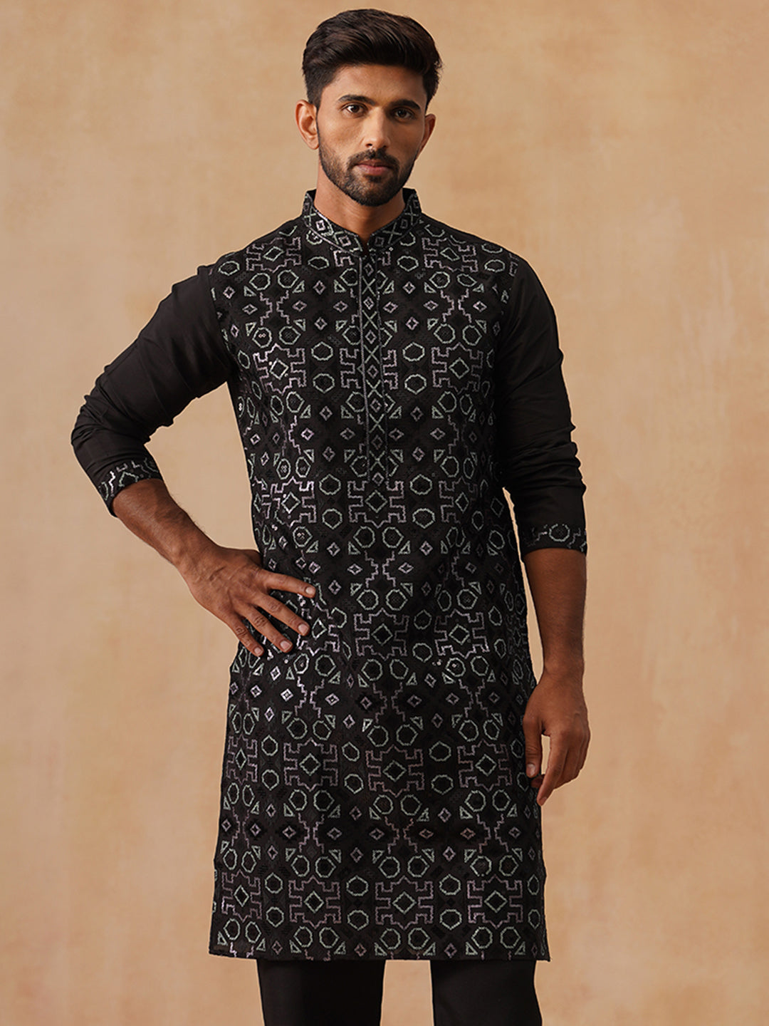DesiQlo Men Geometric Kurta Only - Black - KO_5295Black_S