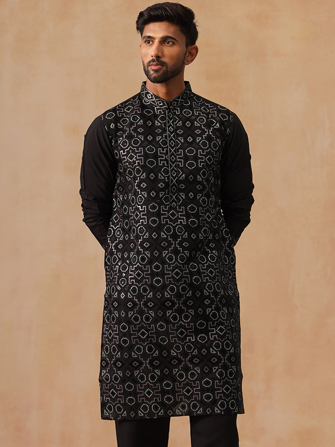 DesiQlo Men Geometric Kurta Only - Black - KO_5295Black_S