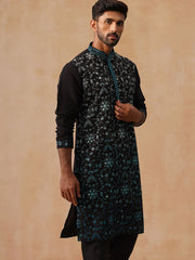Men’s Silk Blend Embroidered Kurtas ( KO 5296 Peacock ) [FF] [Q-17-18]