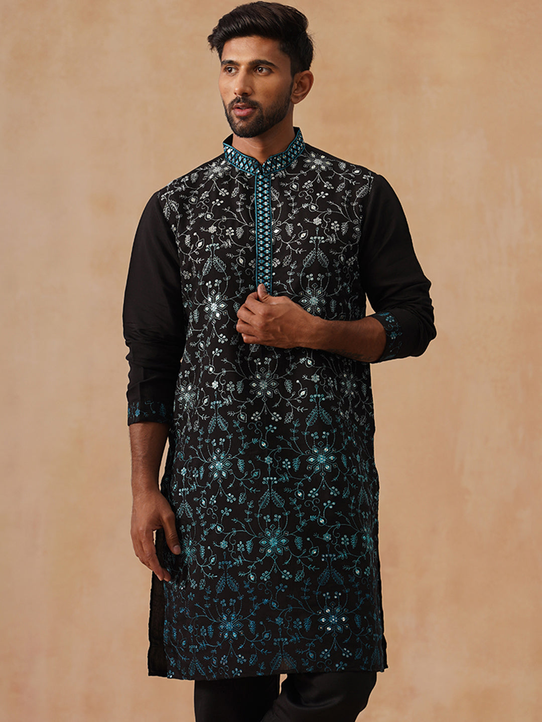 DesiQlo Men Floral Kurta Only - Multicolor - KO_5296Peacock_S
