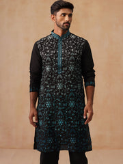 Men’s Silk Blend Embroidered Kurtas ( KO 5296 Peacock ) [FF] [Q-17-18]