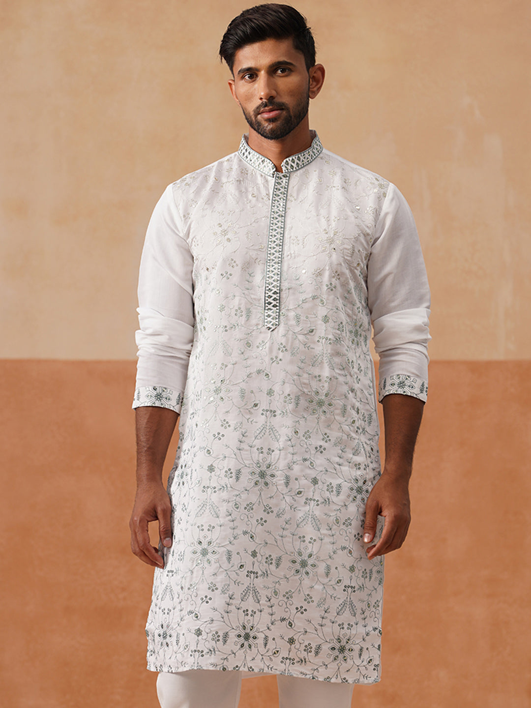 Men’s Silk Blend Embroidered Kurtas ( KO 5296 White ) [FF] [Q-17-18]