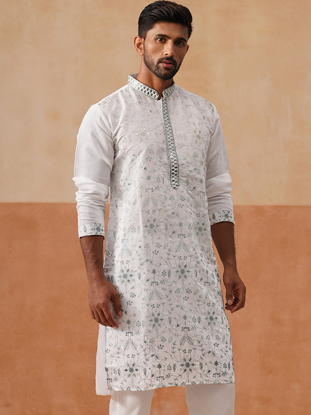 DesiQlo Men Floral Kurta Only - White - KO_5296White_S