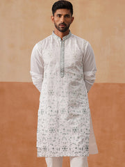 Men’s Silk Blend Embroidered Kurtas ( KO 5296 White ) [FF] [Q-17-18]