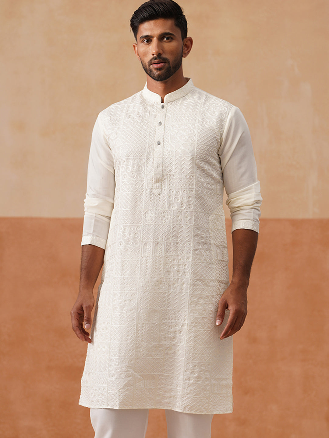 DesiQlo Men Geometric Kurta Only - White - KO_5297White_S