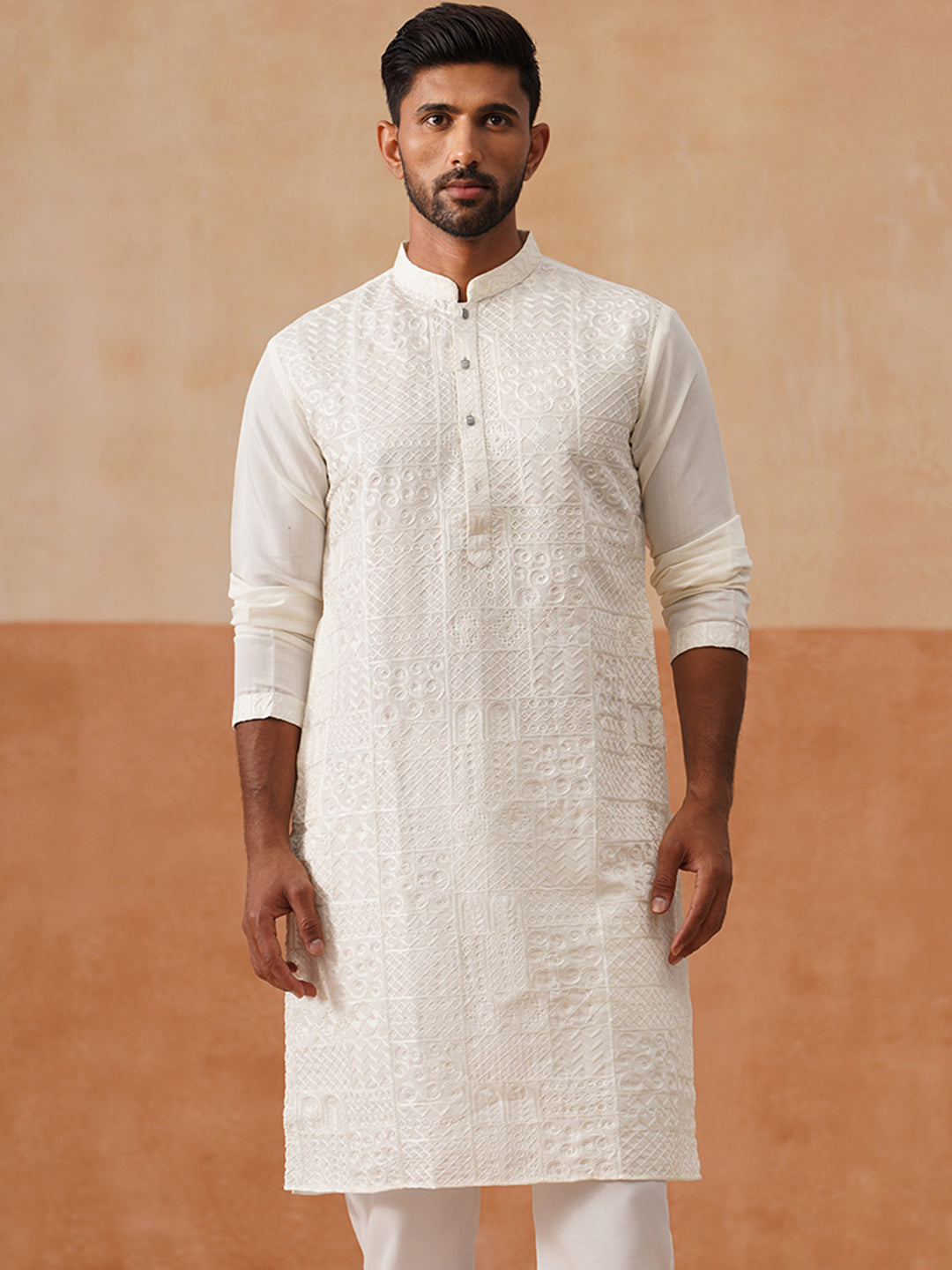 DesiQlo Men Geometric Kurta Only - White - KO_5297White_S