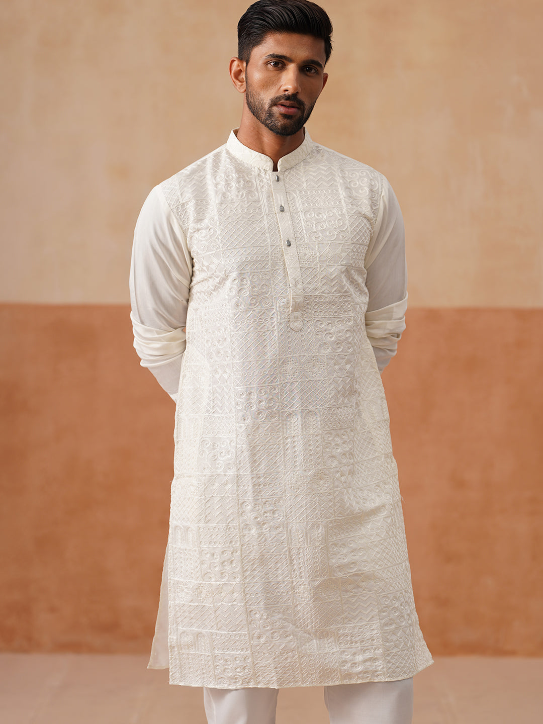 DesiQlo Men Geometric Kurta Only - White - KO_5297White_S
