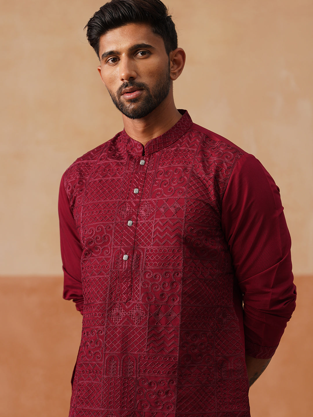 DesiQlo Men Geometric Kurta Only - Maroon - KO_5297Wine_S