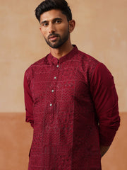Men’s Silk Blend Embroidered Kurtas ( KO 5297 Wine ) [FF] [A-15-16]