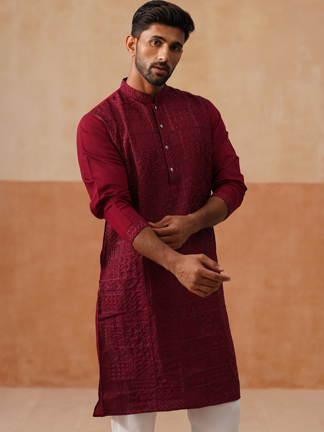 DesiQlo Men Geometric Kurta Only - Maroon - KO_5297Wine_S