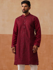 Men’s Silk Blend Embroidered Kurtas ( KO 5297 Wine ) [FF] [A-15-16]