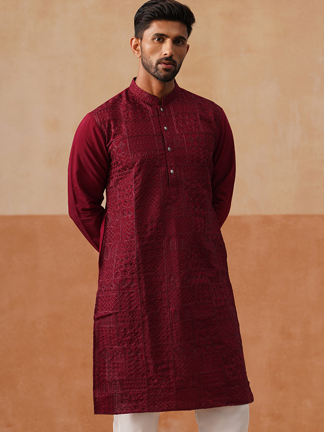 DesiQlo Men Geometric Kurta Only - Maroon - KO_5297Wine_S