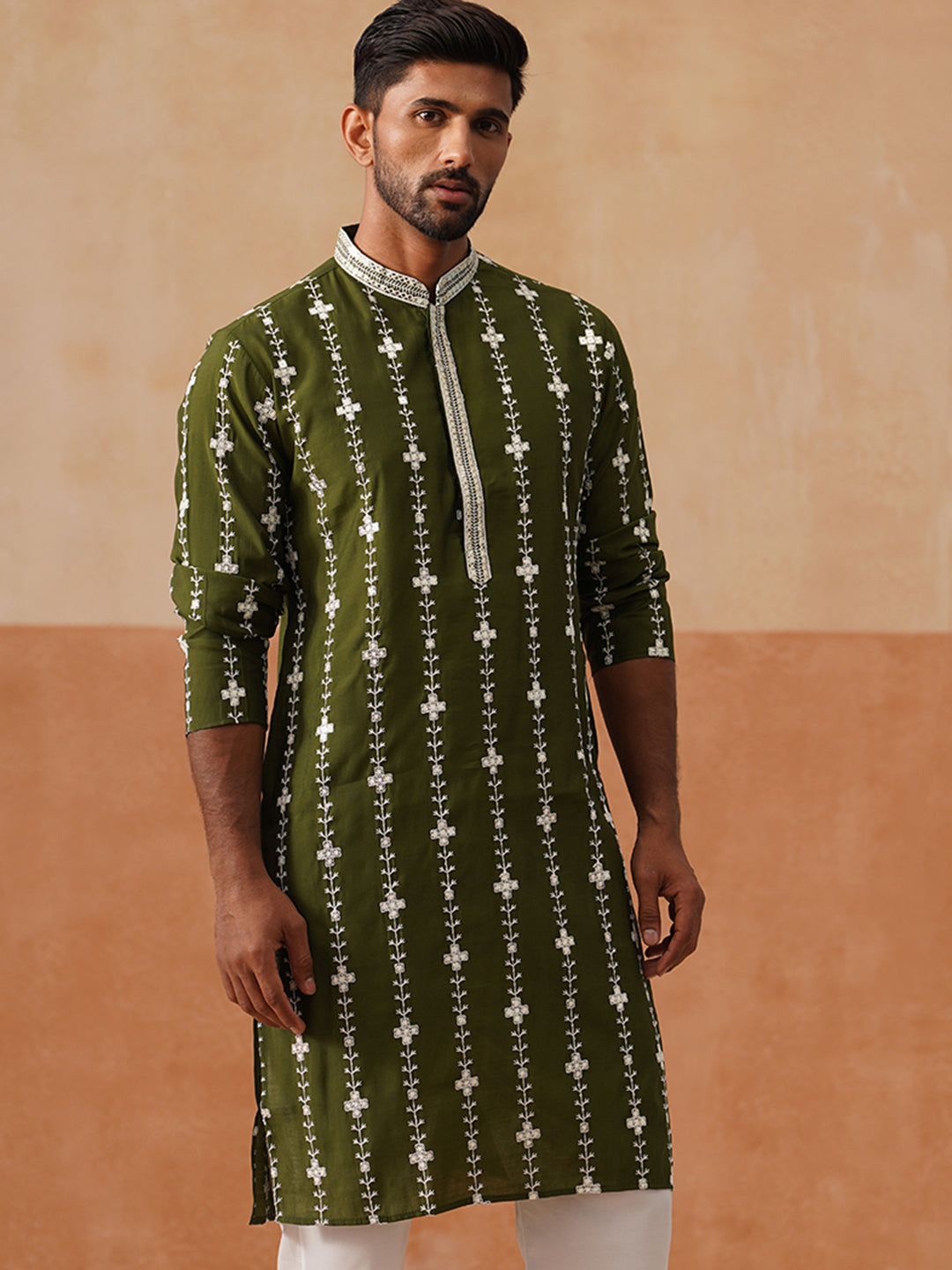 DesiQlo Men Floral Kurta Only - Green - KO_5299Olive_S