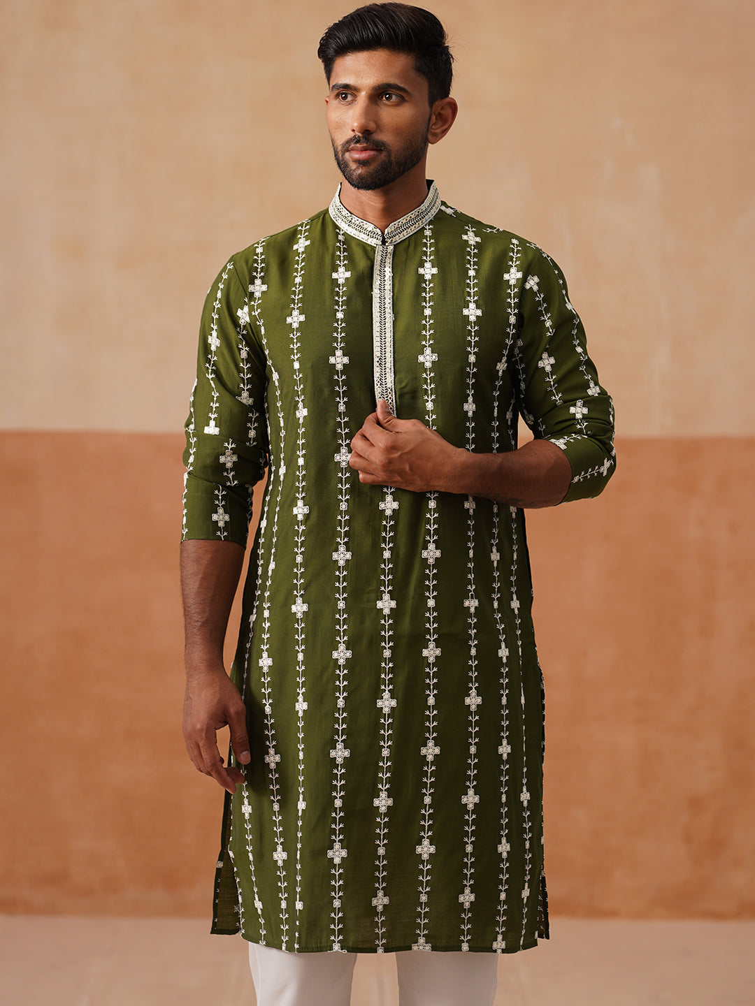 DesiQlo Men Floral Kurta Only - Green - KO_5299Olive_S