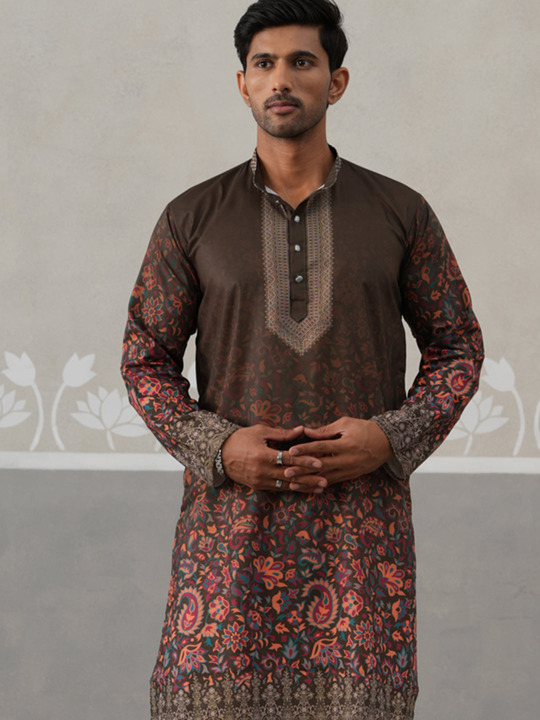 Olive Floral Printed Kurta for Men ( KO 5303 Olive ) [FF] [J-2]