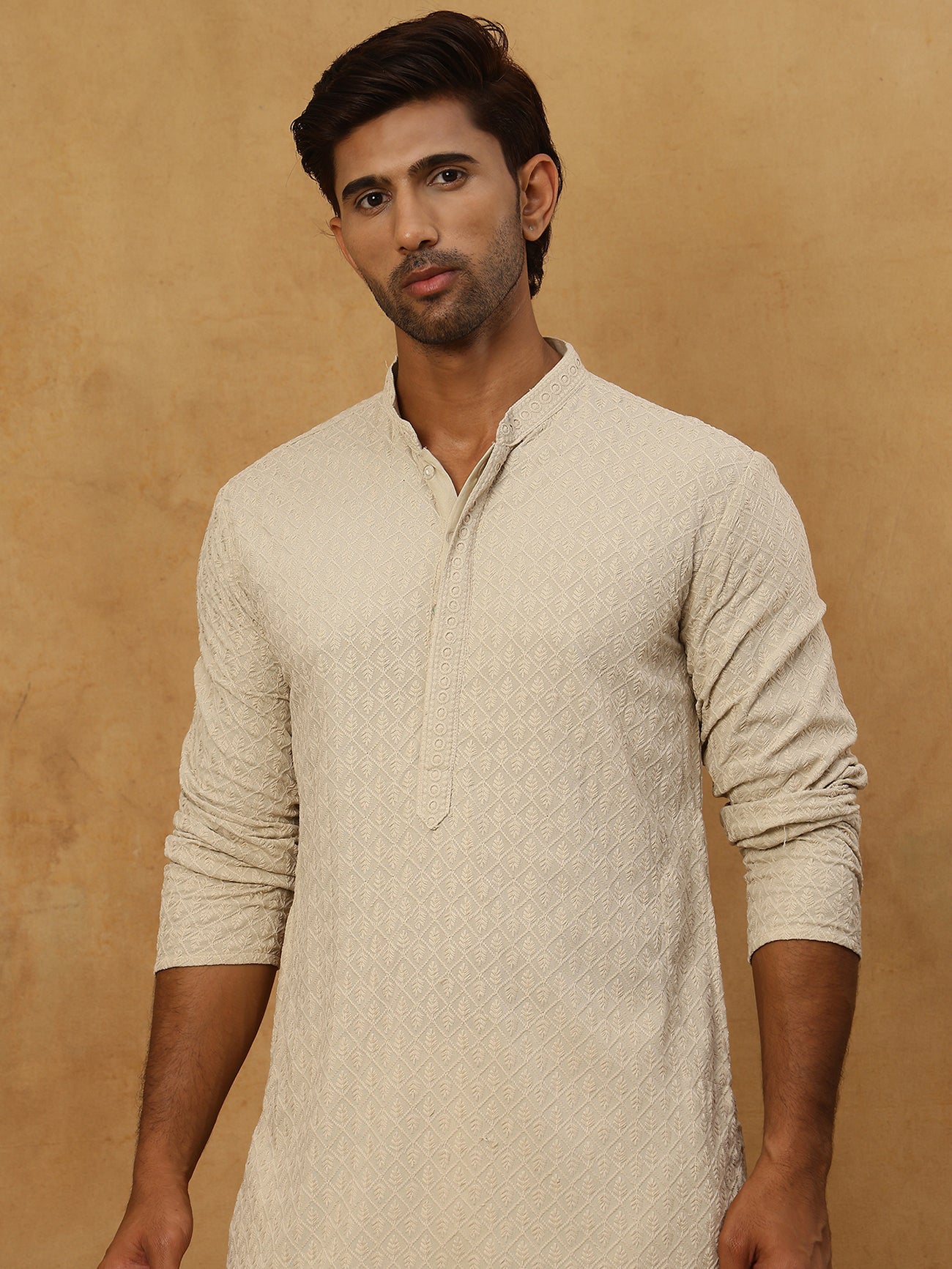 DesiQlo Men Embroidered Kurta Only - Beige - KO_5305Beige_S