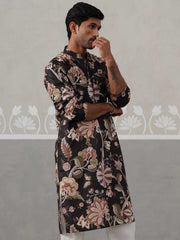 Men's Floral Printed Cotton Straight Kurta (KO 5307 Black ) [FF] [J-1]