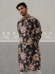 Men's Floral Printed Cotton Straight Kurta (KO 5307 Black ) [FF] [J-1]