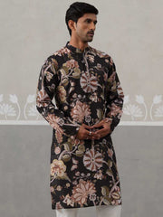 Men's Floral Printed Cotton Straight Kurta (KO 5307 Black ) [FF] [J-1]