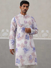 Men's Floral Printed Cotton Straight Kurta (KO 5307 Blue ) [FF] [J-1]