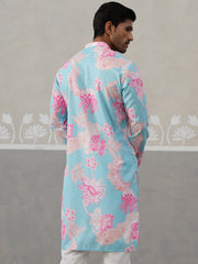 Men's Floral Printed Cotton Straight Kurta ( KO 5307 Sky ) [FF] [J-1]