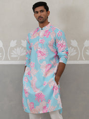 Men's Floral Printed Cotton Straight Kurta ( KO 5307 Sky ) [FF] [J-1]