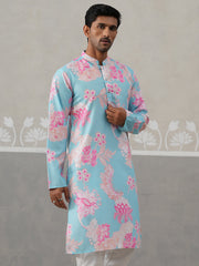 Men's Floral Printed Cotton Straight Kurta ( KO 5307 Sky ) [FF] [J-1]