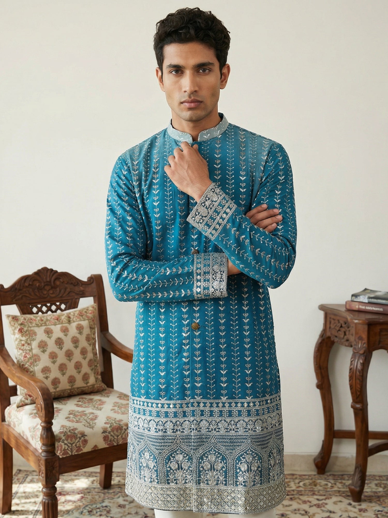 DesiQlo Men Embroidered Kurta Only - Multicolor - KO_5317Peacock_S