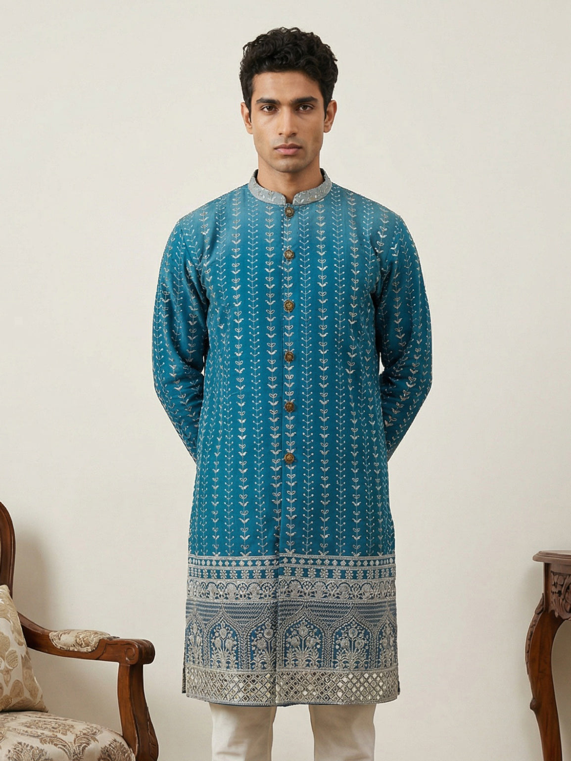 DesiQlo Men Embroidered Kurta Only - Multicolor - KO_5317Peacock_S
