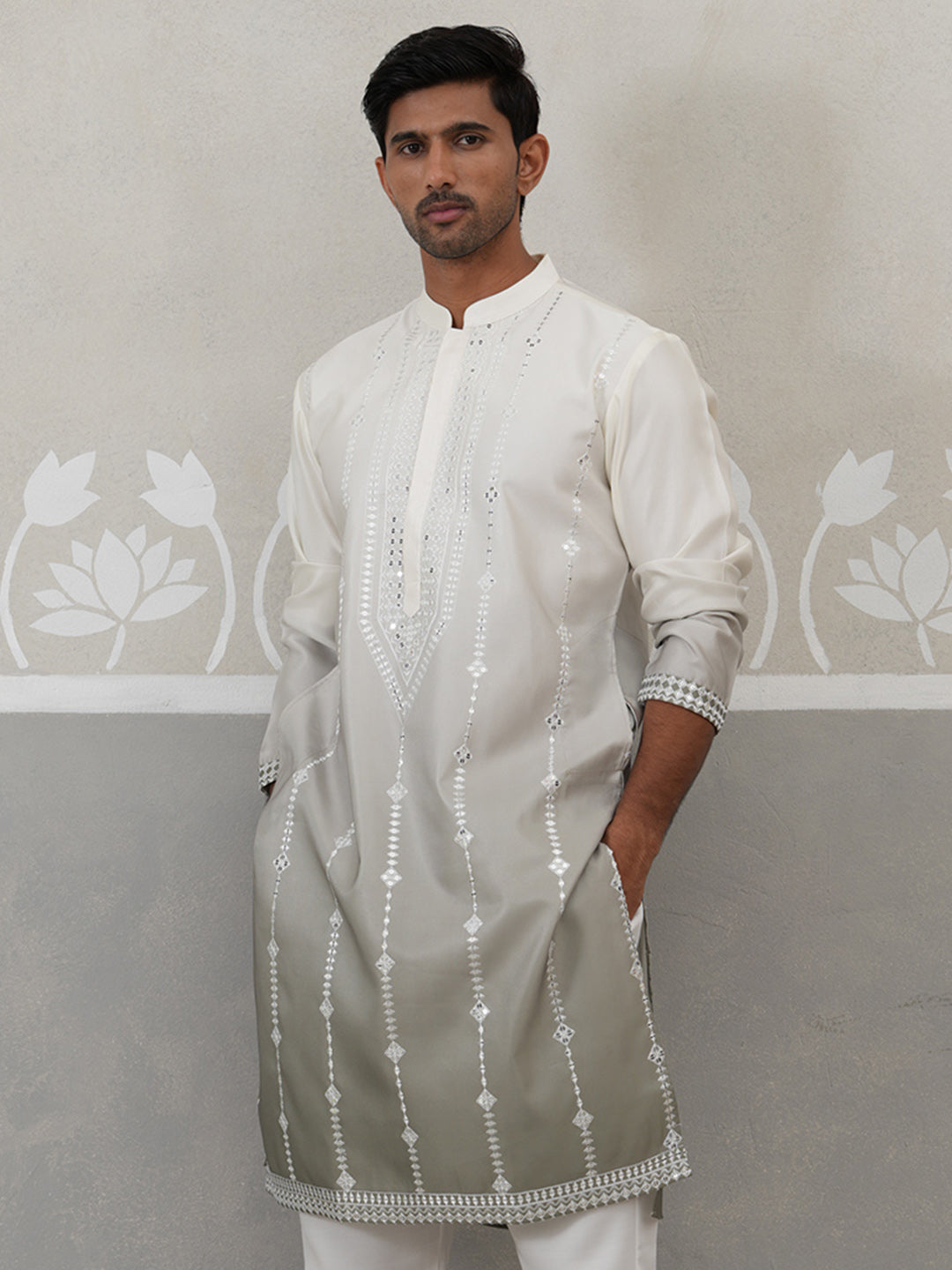 Silk Blend Mirror Work Kurta ( KO 5327Grey ) [FF] [B-1-2]