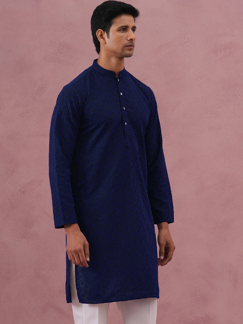 DesiQlo Men Embroidered Kurta Only - Blue - 65KO_5334Navy_S