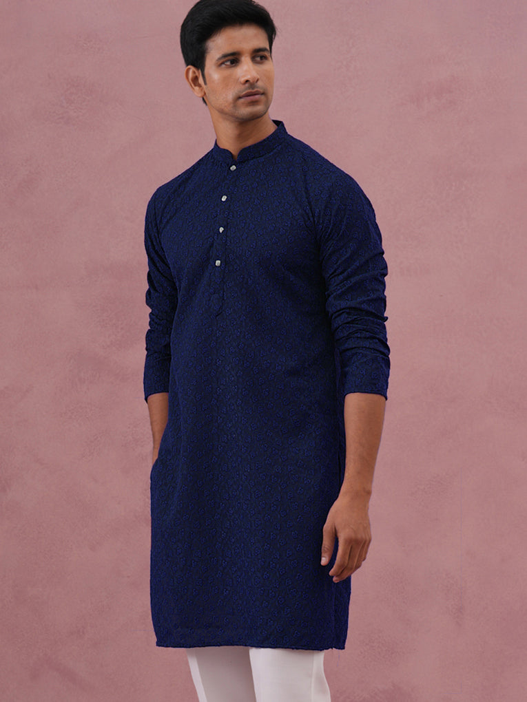 DesiQlo Men Embroidered Kurta Only - Blue - 65KO_5334Navy_S
