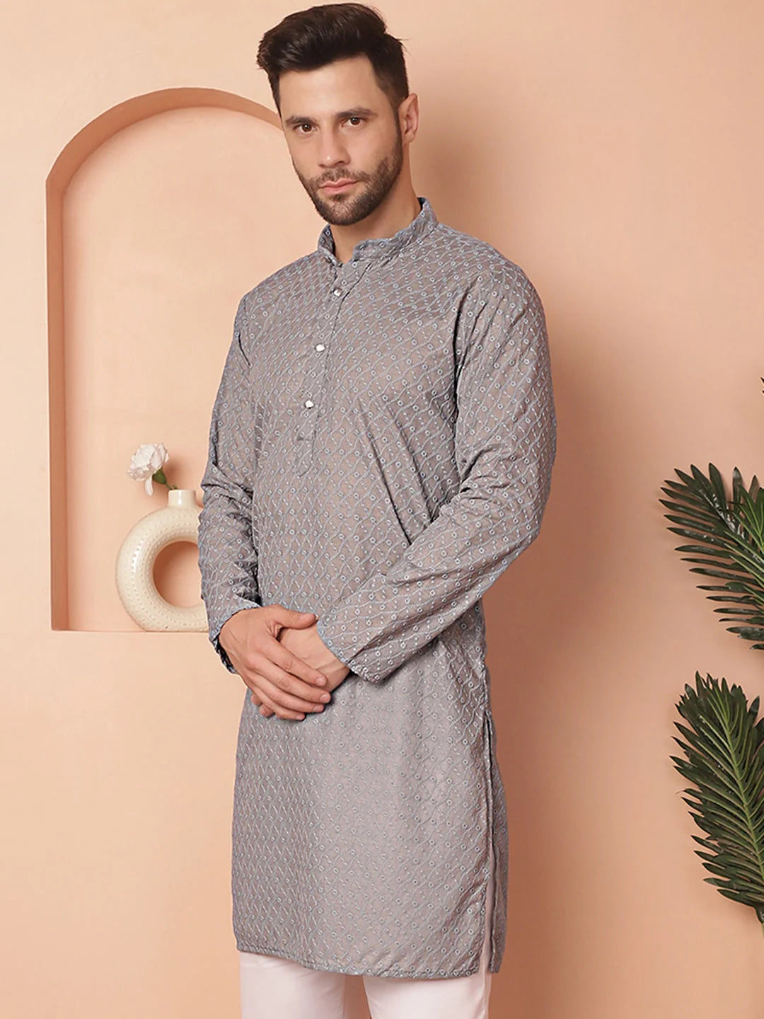 Grey Cotton Men's Kurta - Chikankari Indian Kurta