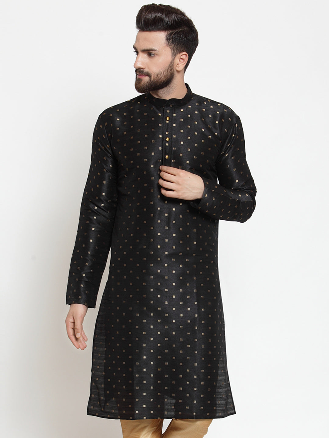 Black Woven Design Mens Kurta - Cotton Indian Kurta for Men