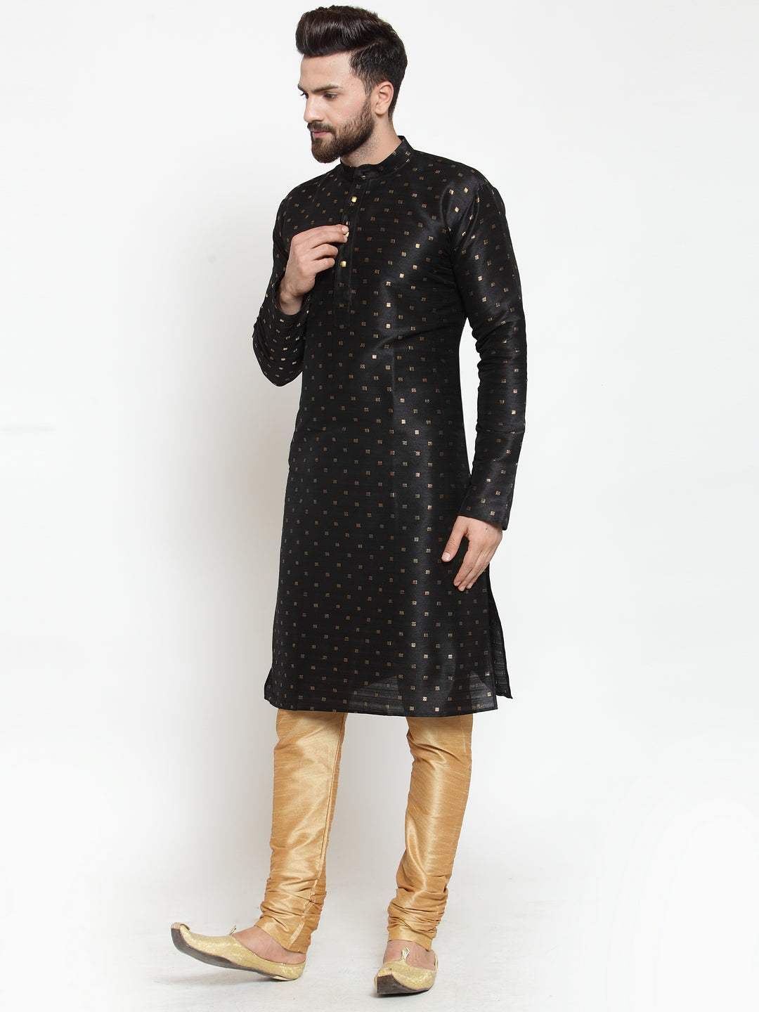 Black Woven Design Mens Kurta - Cotton Indian Kurta for Men