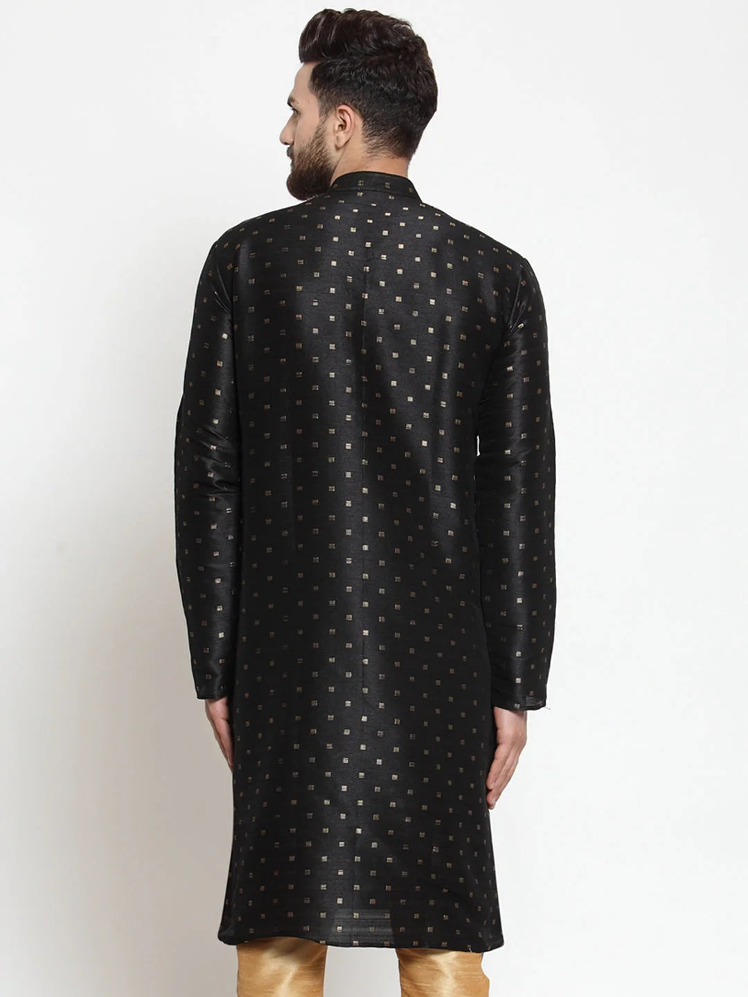 Black Woven Design Mens Kurta - Cotton Indian Kurta for Men