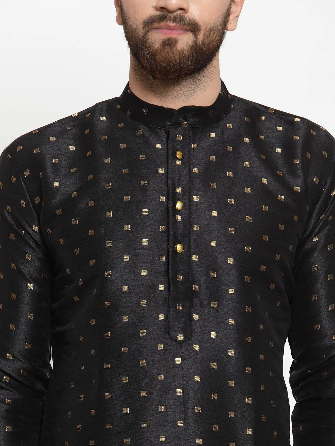 Black Woven Design Mens Kurta - Cotton Indian Kurta for Men