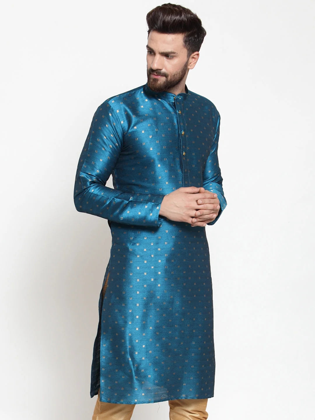 Sky Blue Woven Indian Kurta for Men - Cotton Mens Kurta