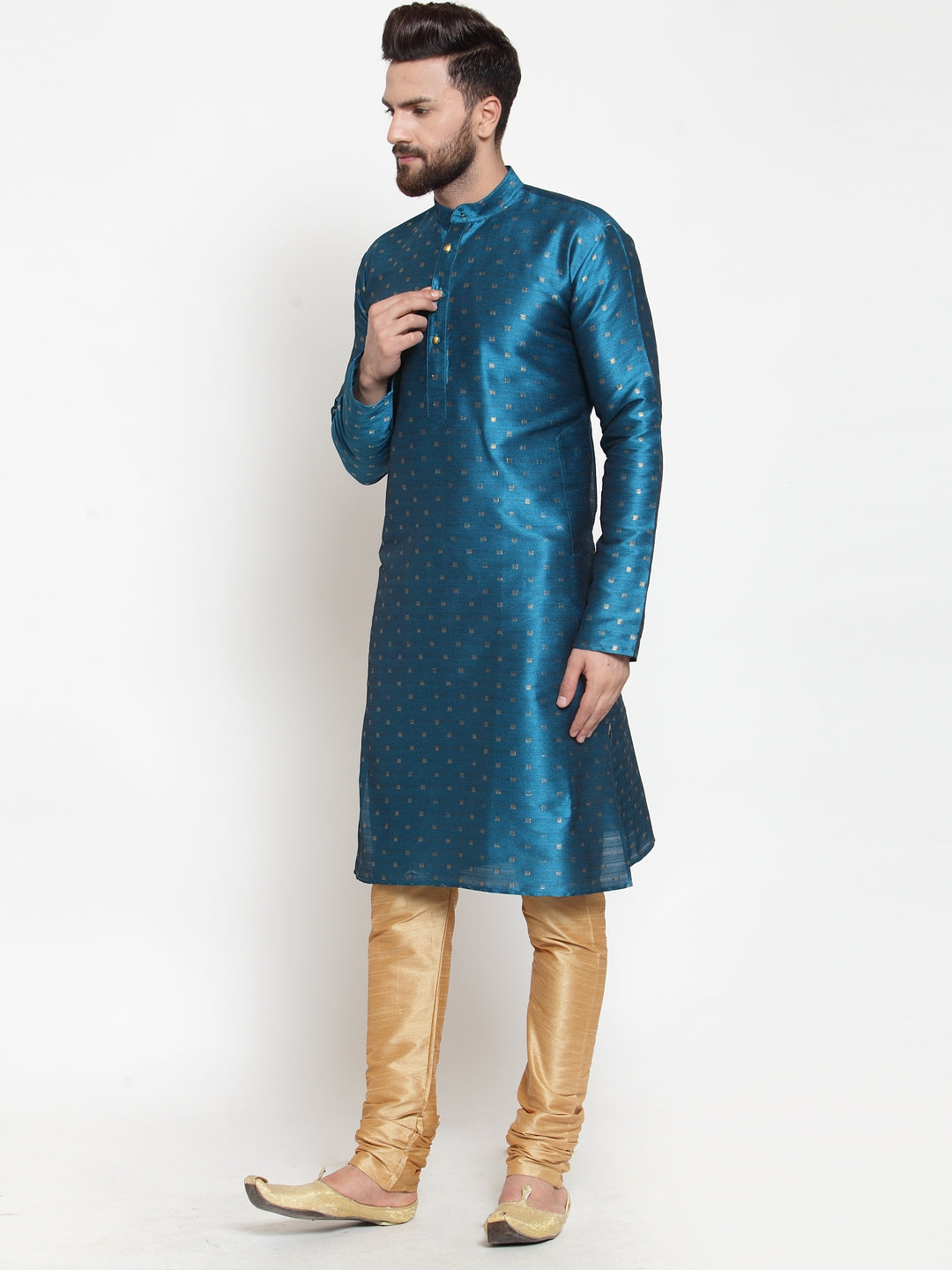 Sky Blue Woven Indian Kurta for Men - Cotton Mens Kurta